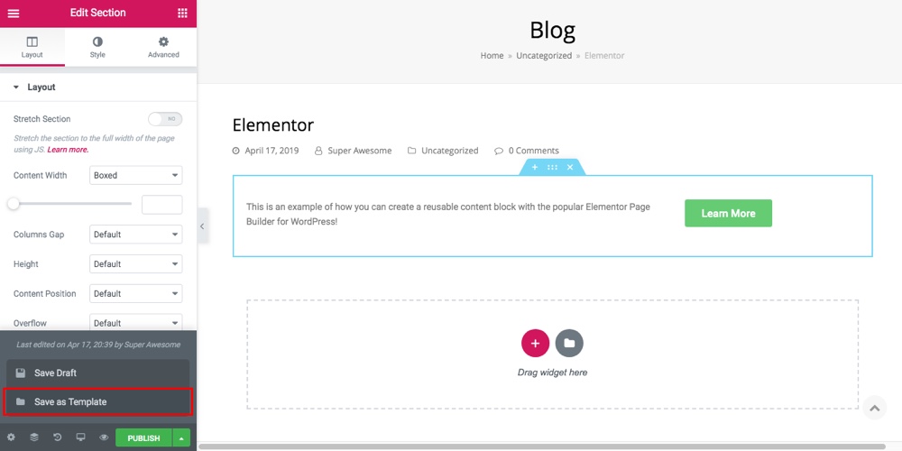 Elementor Reusable Content Blocks Step 1