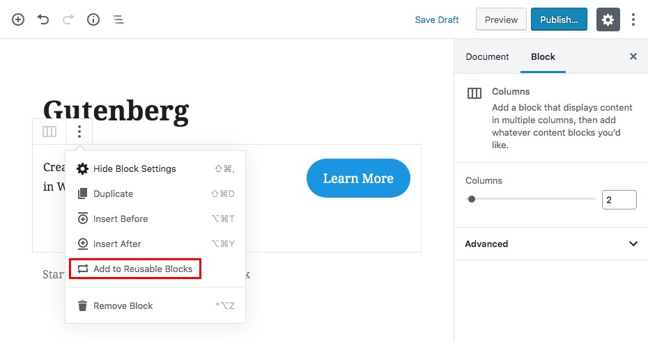Gutenberg Reusable Content Blocks Step 1