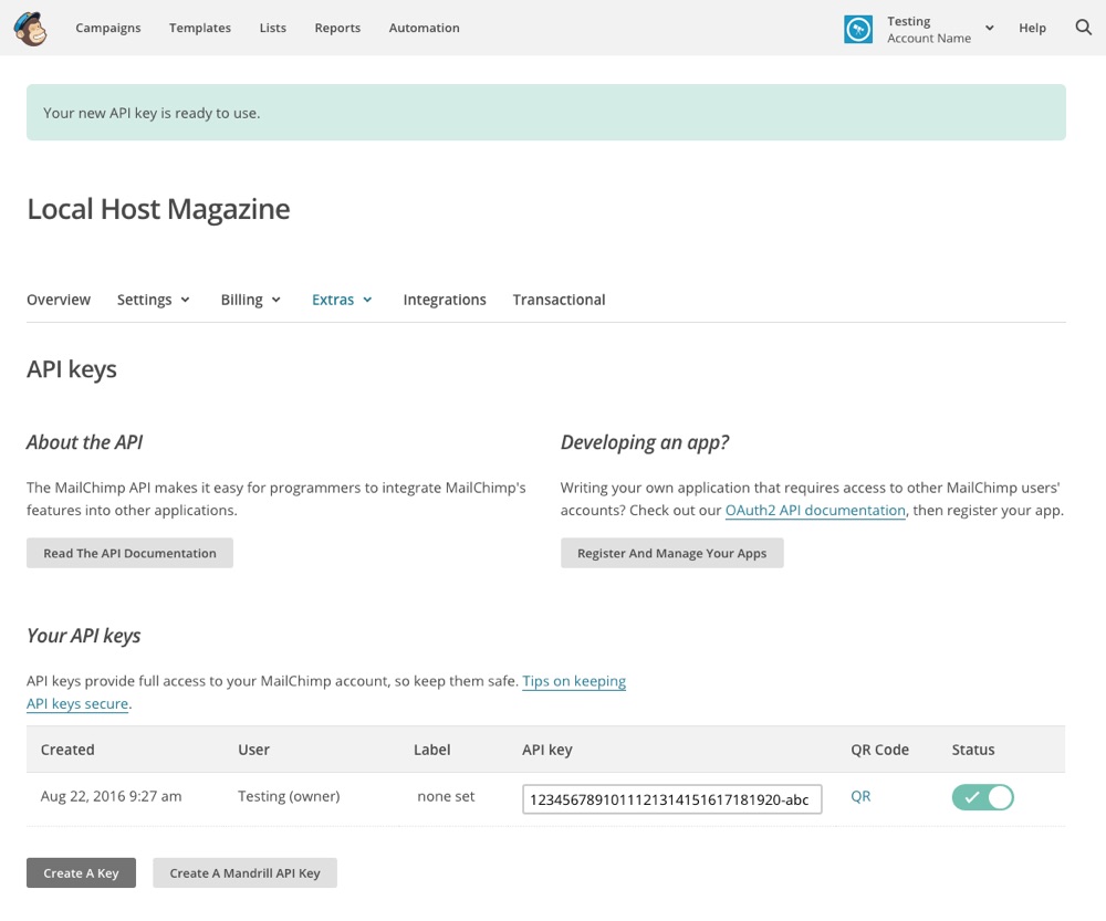 MailChimp Generate API Key
