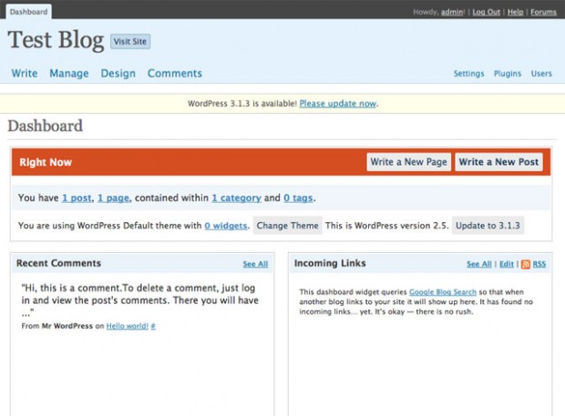 wordpress 2.5 dashboard