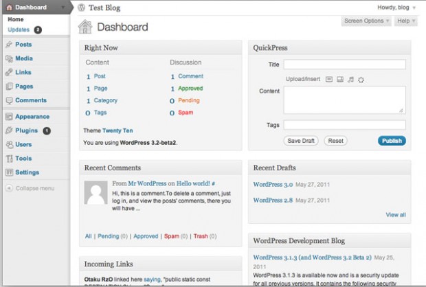 wordpress 3.2-beta-2 dashboard