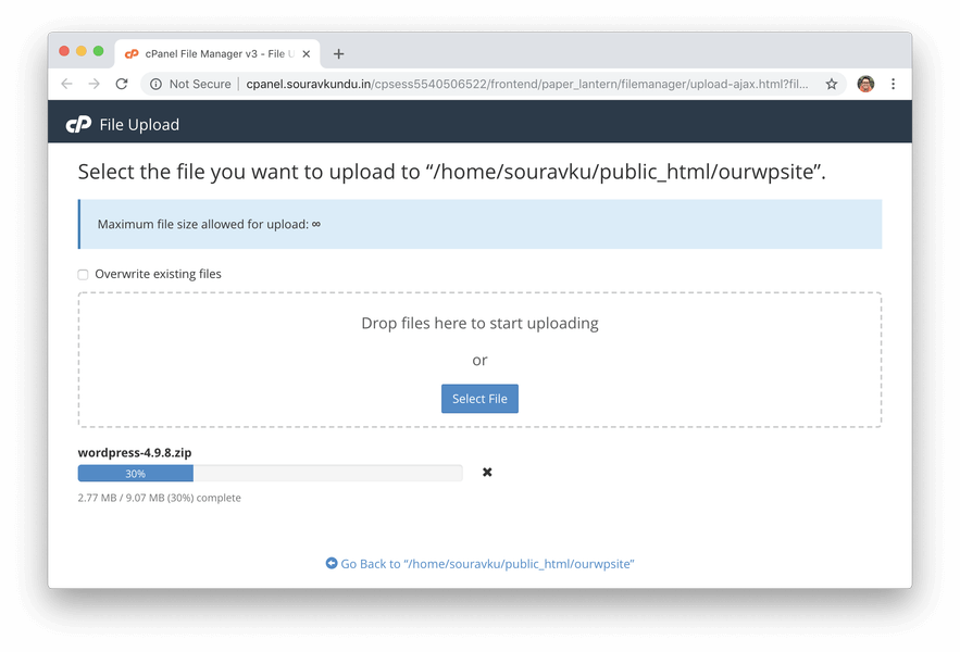uploading wordpress zip archive in server via cpanel file manager