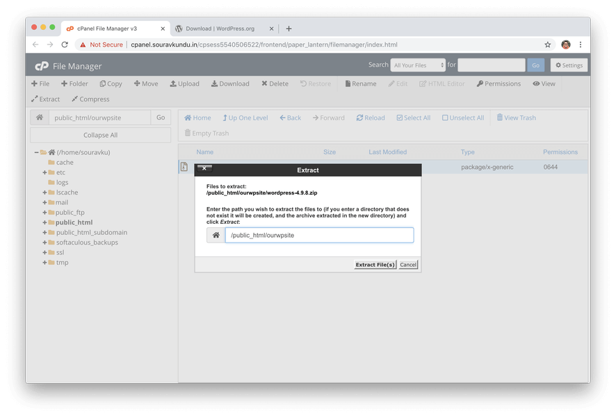 extract wordpress files in cpanel