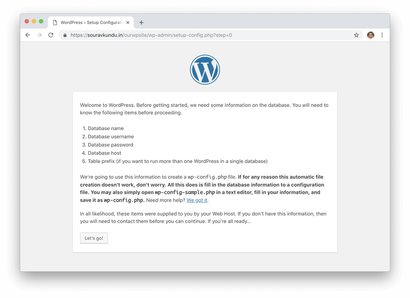 wordpress 5 minute install 2 start