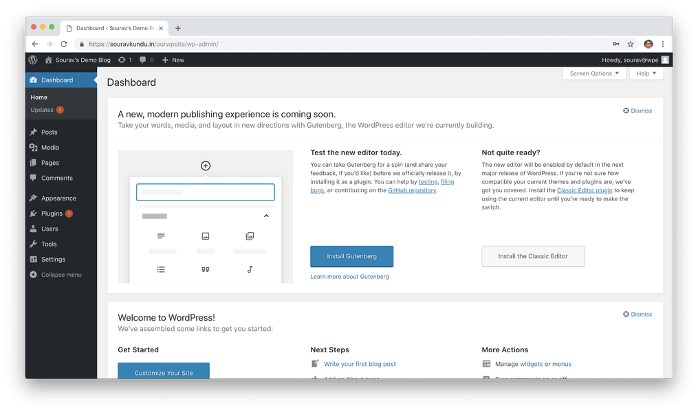 new wordpress site dashboard