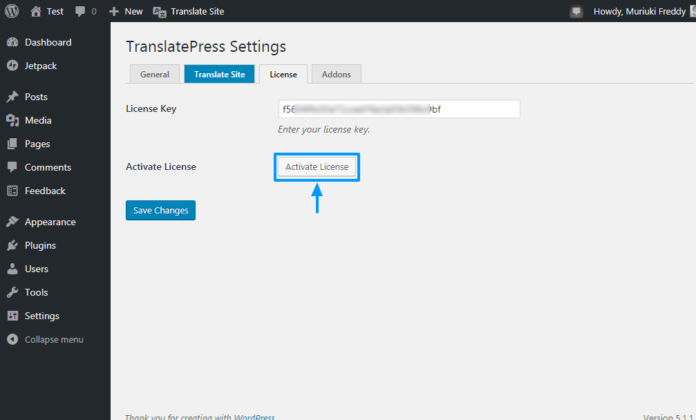 activating the translatepress license