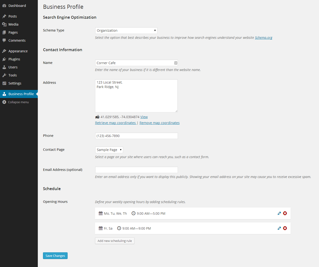Business Profile Contact Card Admin Page