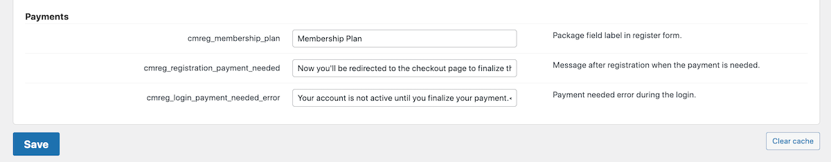 CM Registration Pro: Settings Labels Payments