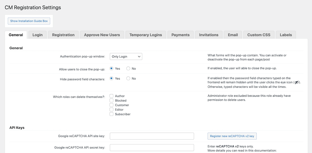 CM Registration Pro: Settings General