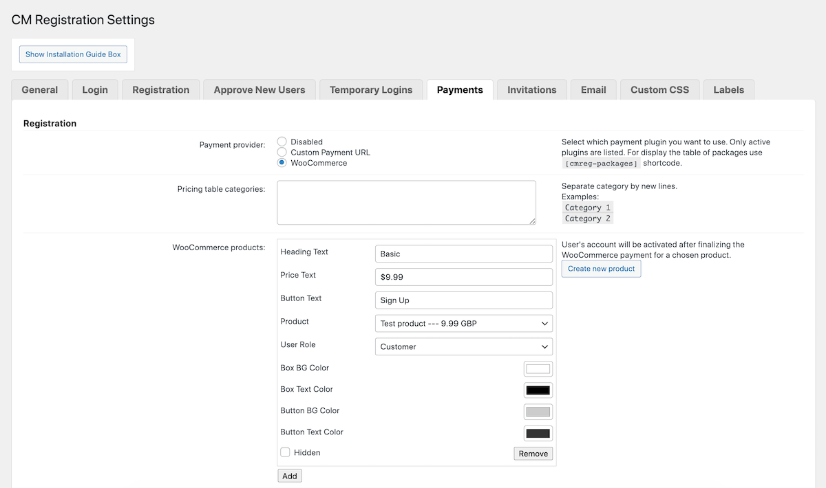 CM Registration Pro: Settings Payments