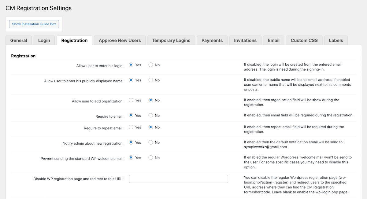 CM Registration Pro: Settings Registration
