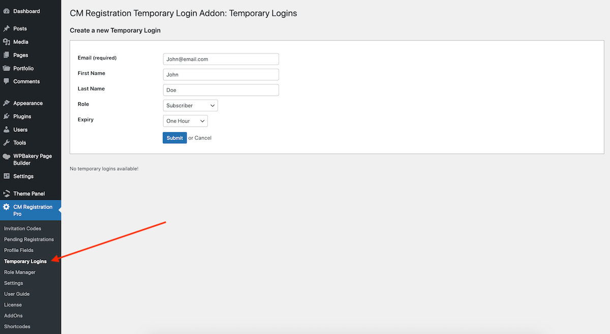 CM Registration Pro: Temporary Login User