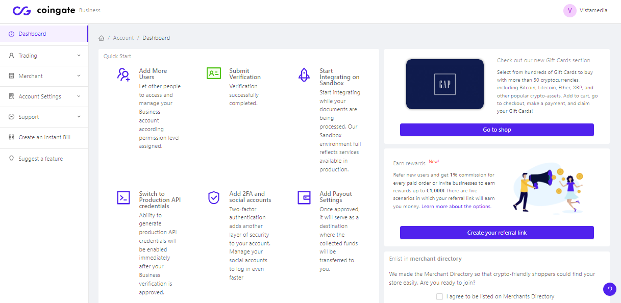 CoinGate Account Dashboard