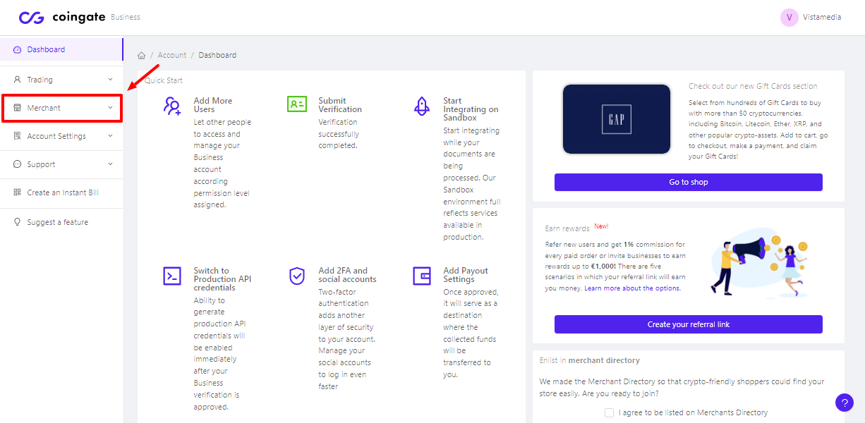 CoinGate Dashboard Sandbox