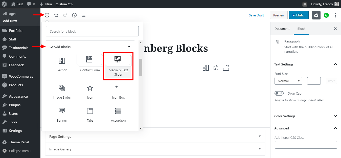 getwid media and text slider block