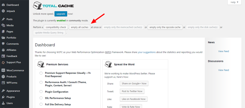 how to clean WordPress cache w3 total cache