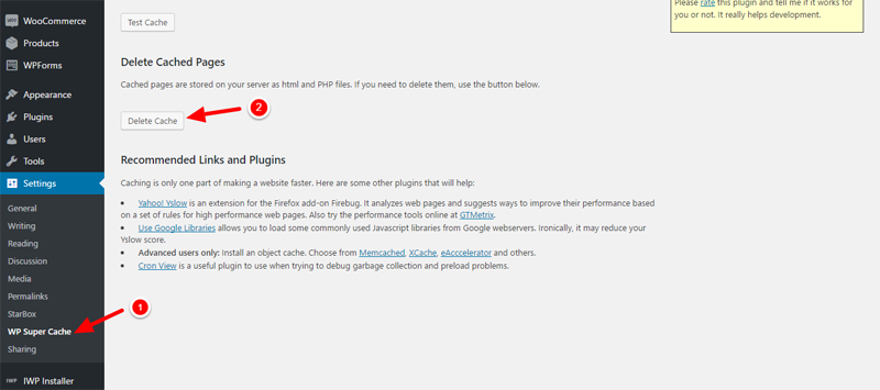 how to clean WordPress cache wp super cache
