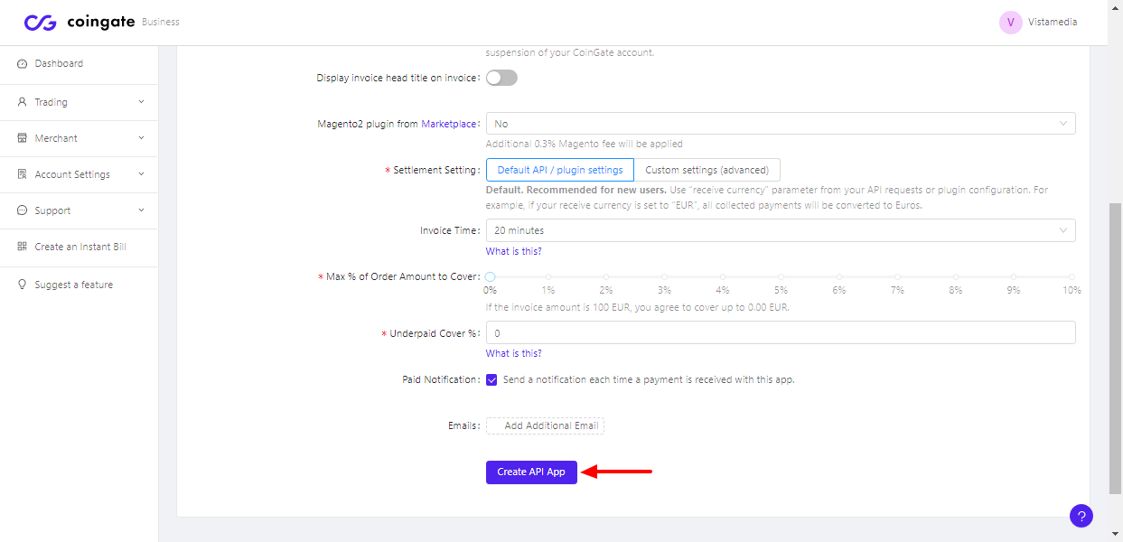 CoinGate New App Sandbox