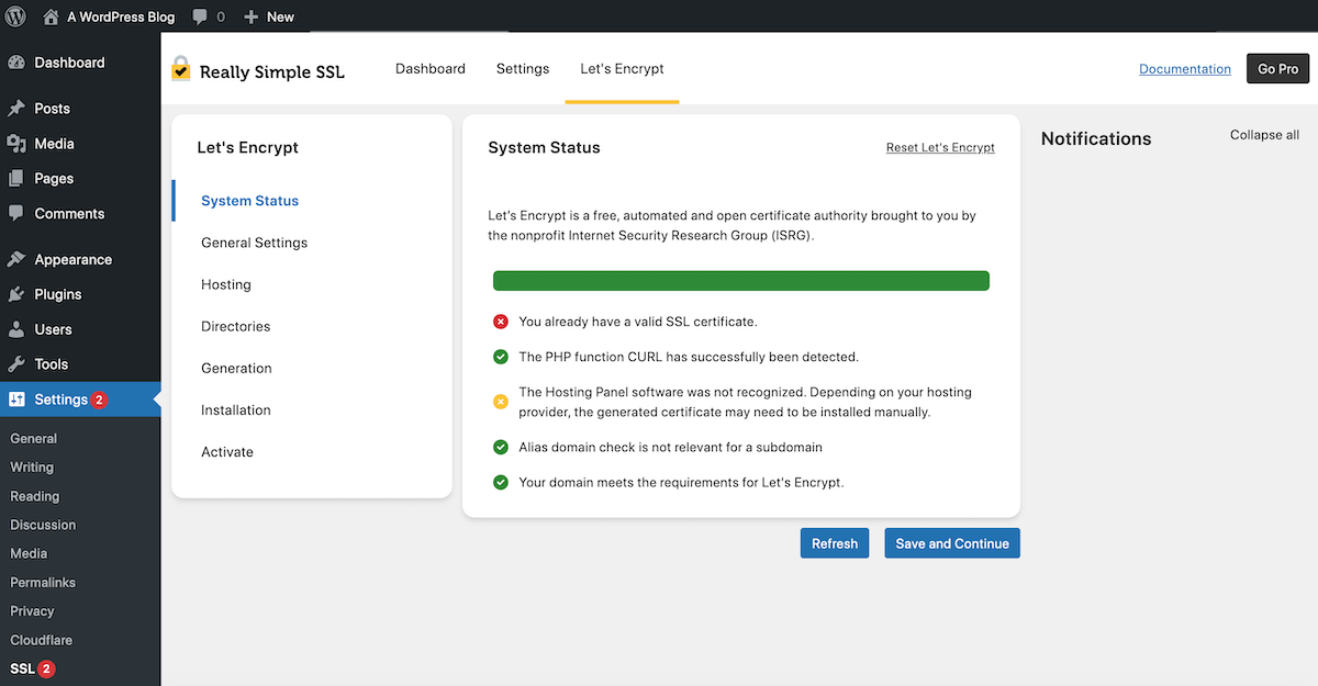 Really Simple SSL Let's Encrypt Wizard errors
