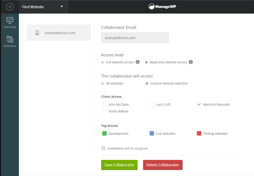 add clients as a collaborator in ManageWP