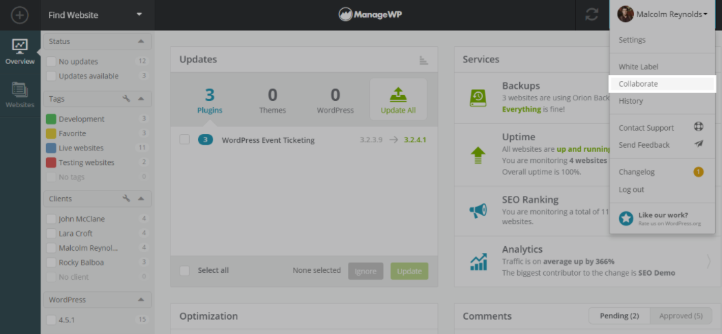 add clients as a collaborator in ManageWP