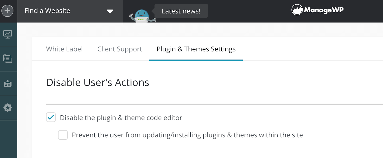 ManageWP Disable Actions