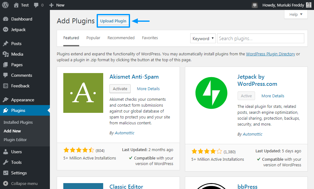 uploading the translatepress main plugin