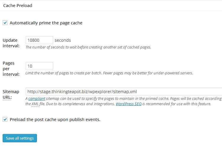 w3 total cache advanced settings - cache preload