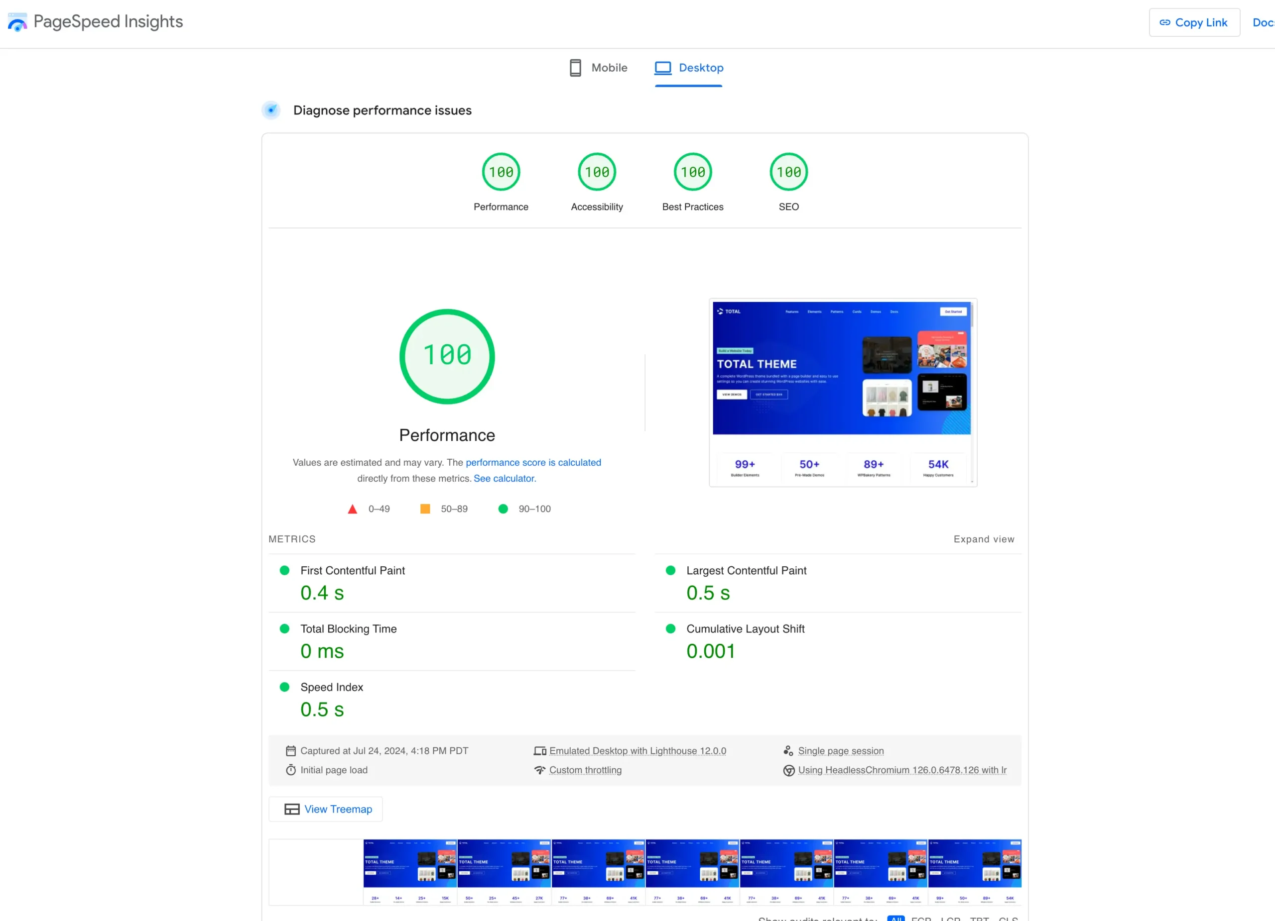 Total WordPress Theme Landing Page Speed Score